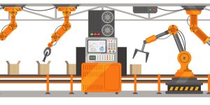 Robotic arm factory line vector illustration, robot technology of production assembly on conveyor belt. Robotics concept. Modern manufacturing equipment. Futuristic industry machine. Automatic device.